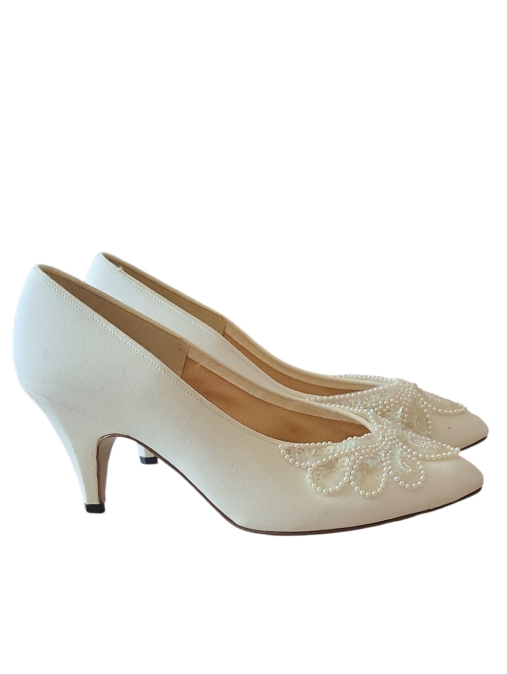 VINTAGE | DYEABLES | BRIDAL PUMPS W/FLORAL LACE APPLIQUÉ | SIZE 7 - Picture 7 of 11